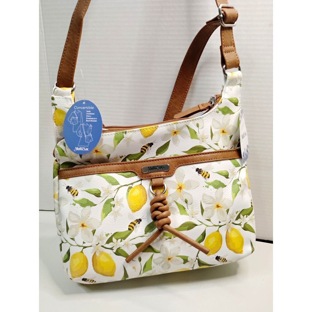 MultiSac Convertible Crossbody Handbag White Lemon Floral Bee Print Brown Strap
